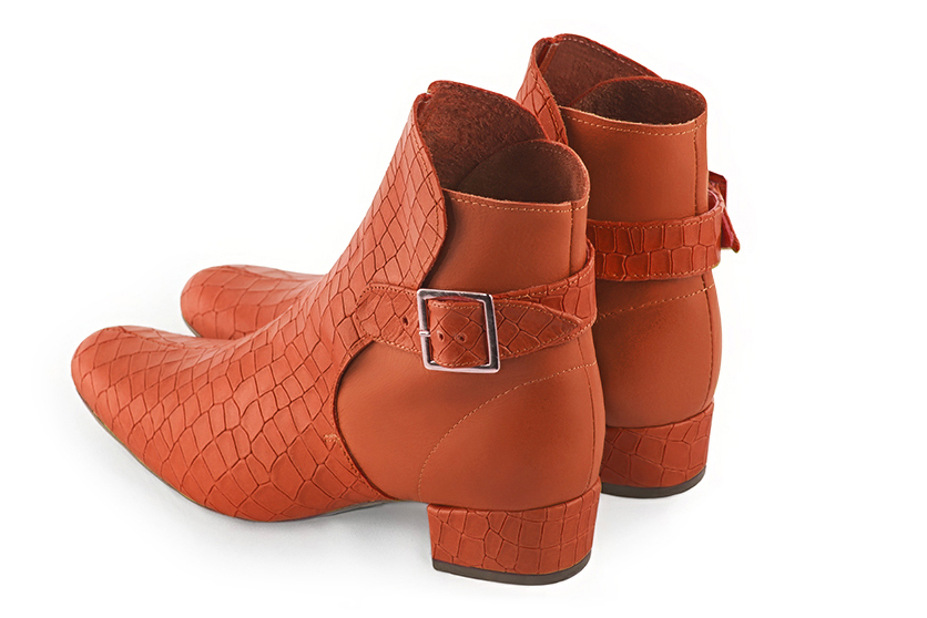 Terracotta orange women's ankle boots with buckles at the back. Round toe. Low block heels. Rear view - Florence KOOIJMAN